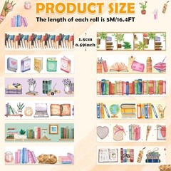 12 Roll Book Lover Washi Tape Set Library Coffee Theme Scrapbooking Journaling