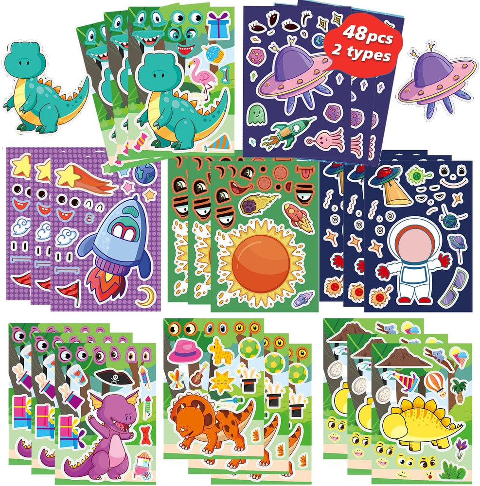 48 Sheets Make a Face Stickers for Kids – Animal Stickers with Unicorns and Dino