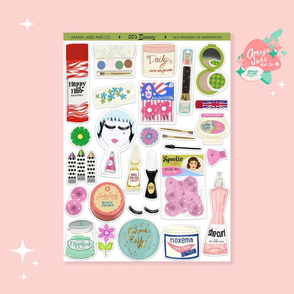 New 60s Beauty Sticker Sheet Perfect for Scrapbooking or Party Favors