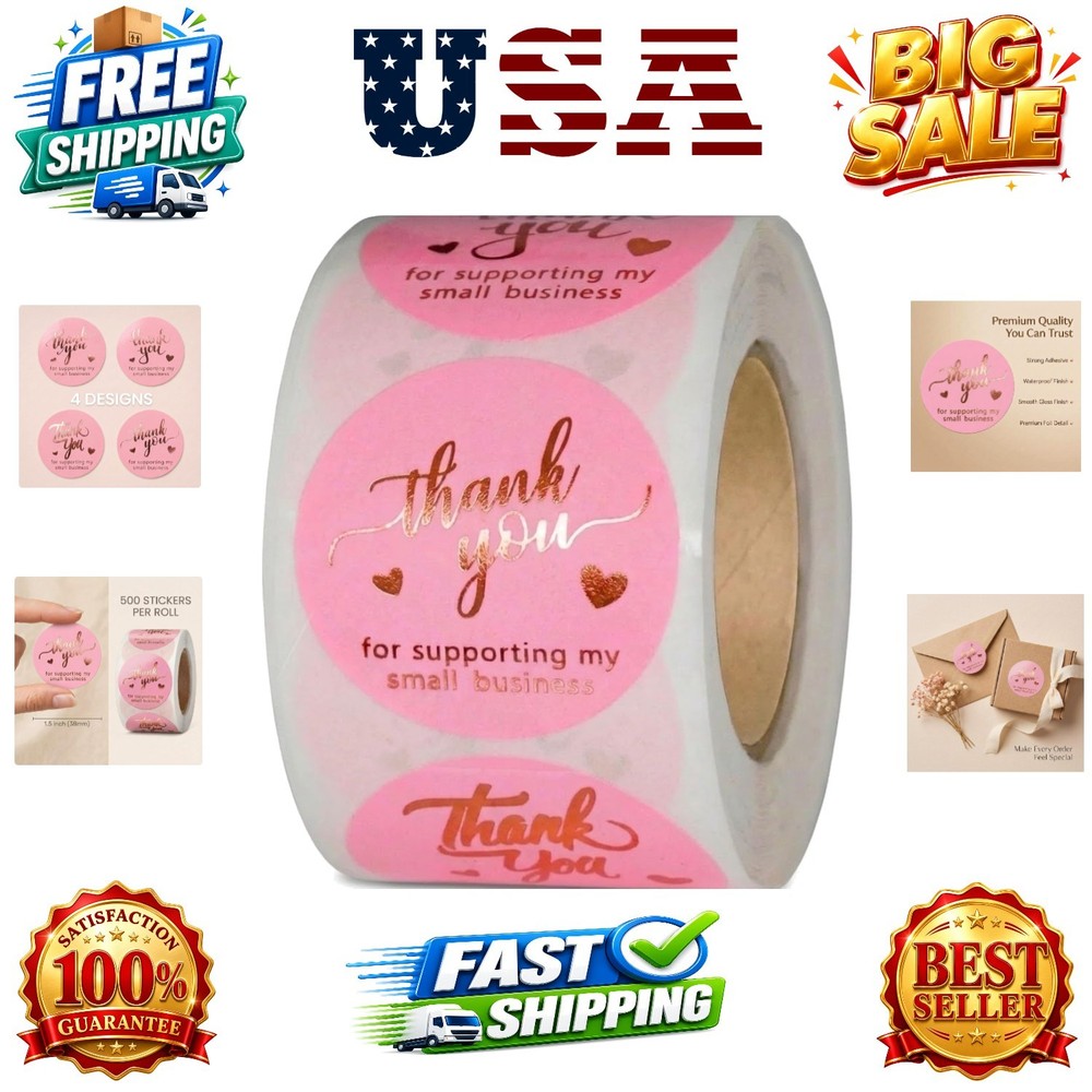 500 Pcs 1.5 Inch Pink and Rose Gold Thank You Stickers for Small Business, Sm…