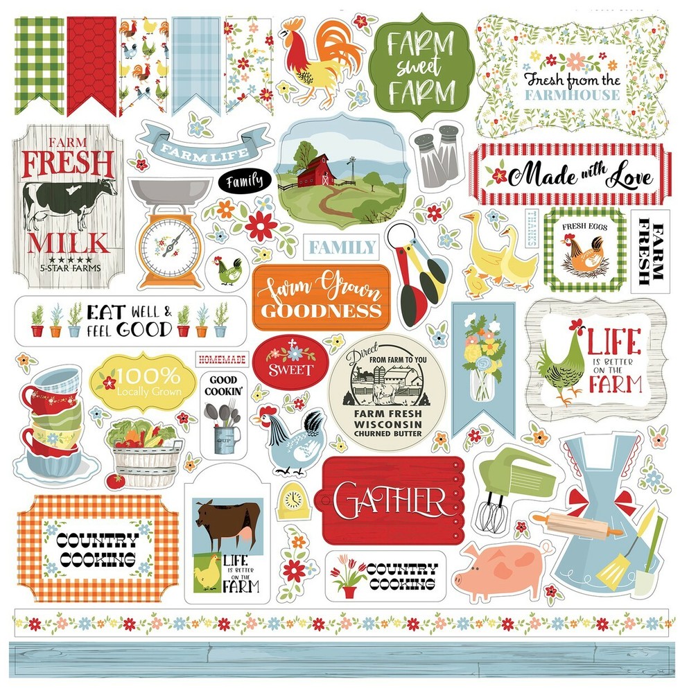(1) 12×12 Sheet Carta Bella Paper FARMHOUSE LIVING Scrapbook Element Stickers