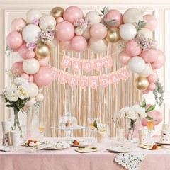 Flower Pink Birthday Decorations with Dusty Light Pink Sand White Metallic Go…