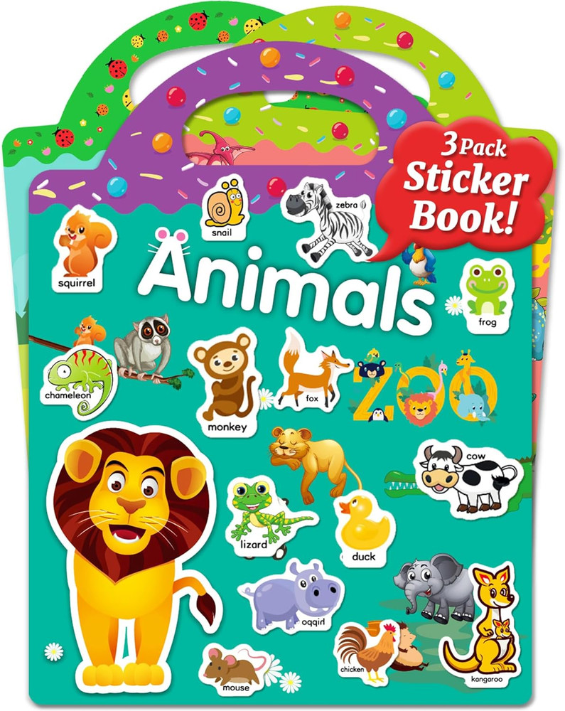 Reusable Sticker Book for Toddlers, Stickers for Kids, Ages 3+, Animals, Dinosau