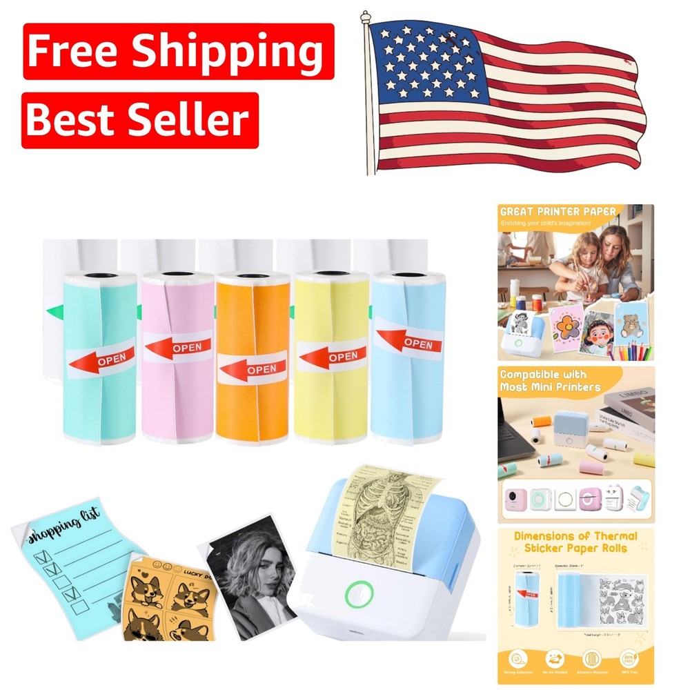 Portable 10-Roll Set of Self-Adhesive Printable Stickers for Mini Printers