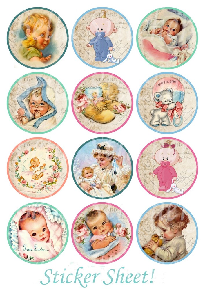 Set of 12 Vintage Retro Baby Circle Collage Ephemera STICKERS – Just Cut & Use!