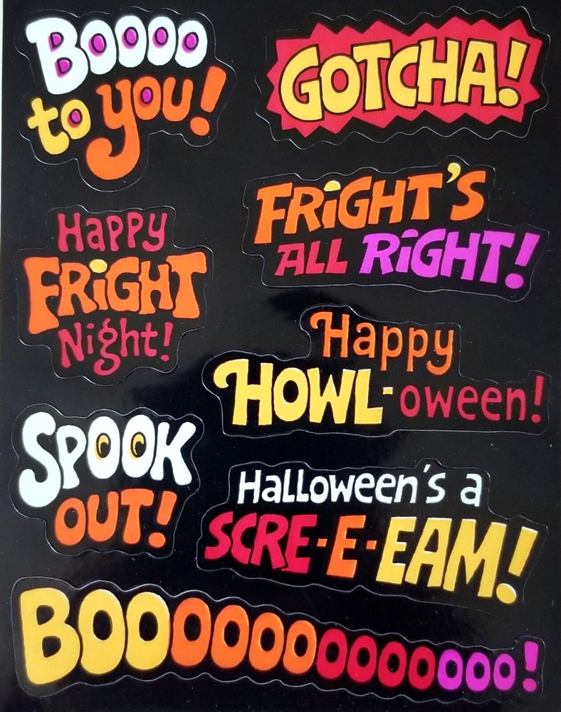 VTG HALLOWEEN STICKER 2 SHEETS BLACK ORANGE BOO SCARY HORROR MONSTER GHOST DECAL