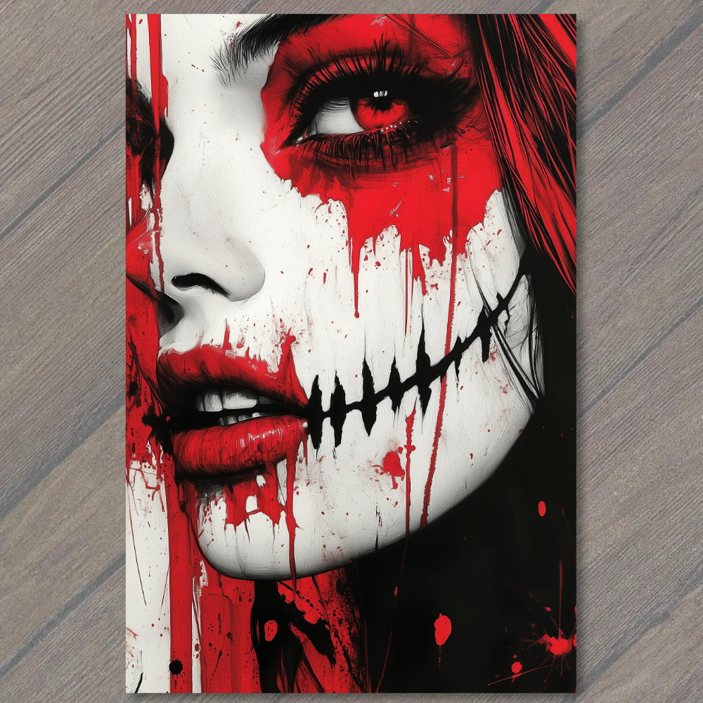 STICKER Red Paint Makeup Stitched Mouth Woman Face Horror Bold Bloody Striking