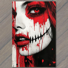 STICKER Red Paint Makeup Stitched Mouth Woman Face Horror Bold Bloody Striking
