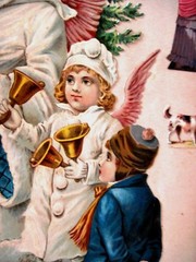 Large 1800’s Christmas Die Cut w/ Stunning Angels Handing Out Toys to Children *
