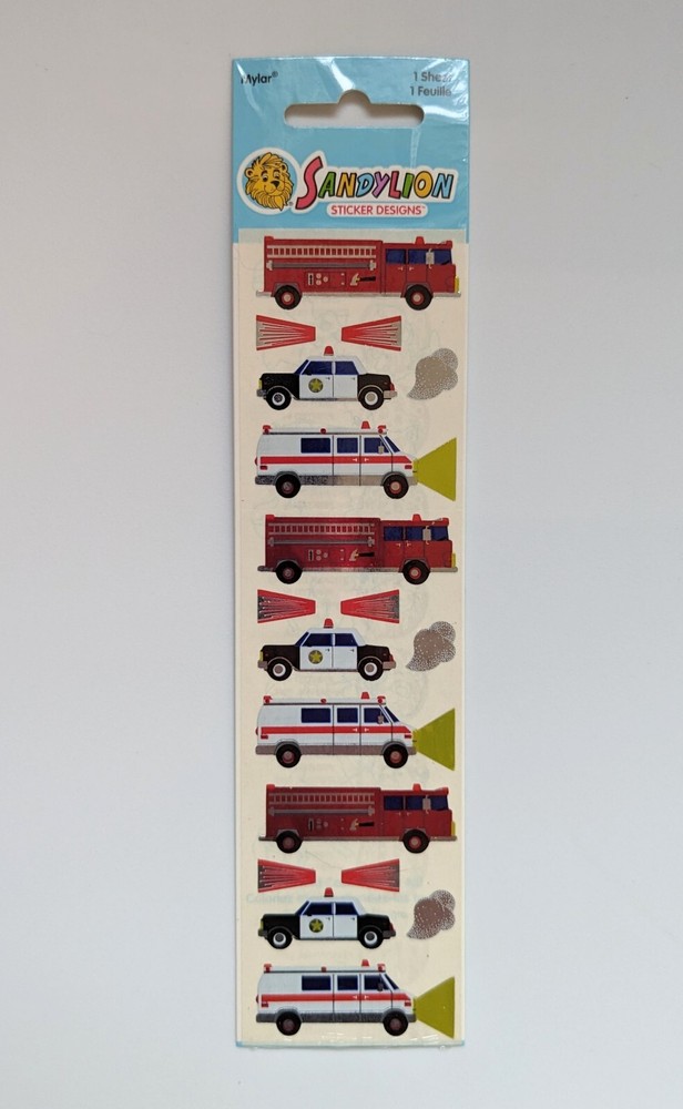 Vintage SandyLion Mylar Emergency Vehicles Firetruck Ambulance Sealed Stickers
