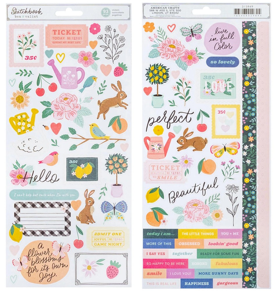 Bea Valint SKETCHBOOK ICONS & PHRASES (2) Cardstock Sticker Sheets scrapbooking
