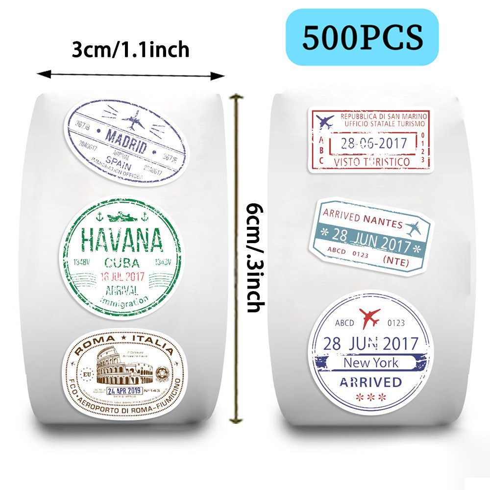 Cute Passport Stamp Series Roll Stickers (500 Pcs/Roll) – PVC Decorative Decals