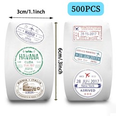 Cute Passport Stamp Series Roll Stickers (500 Pcs/Roll) – PVC Decorative Decals