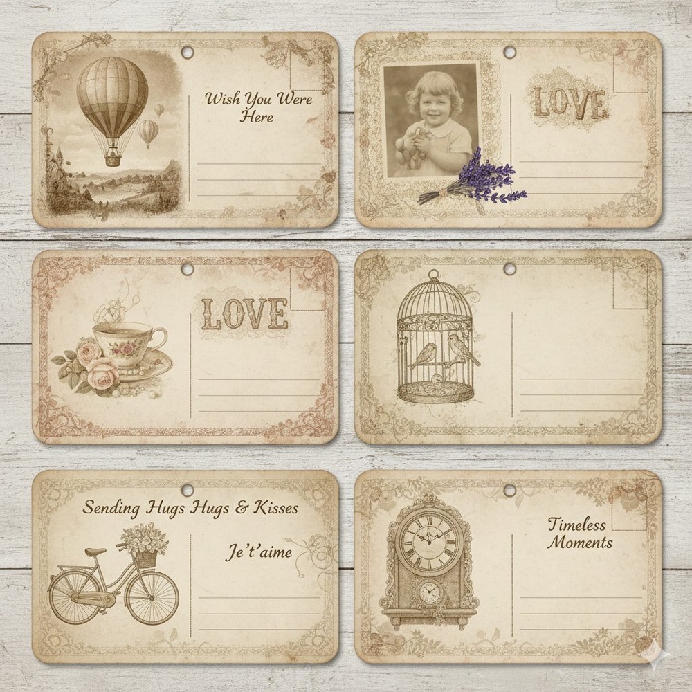 Set Of 6 Postcards Vintage Style Tags Junk Journal Scrapbook