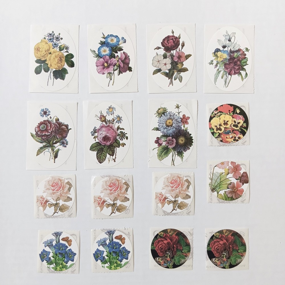 Set of 16 Brier Rose Victorian Flower Stickers – Oval And Circle