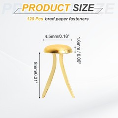 120Pcs Brads Paper Fasteners 8×4.5 mm Metal Round Head Split Pins Gold