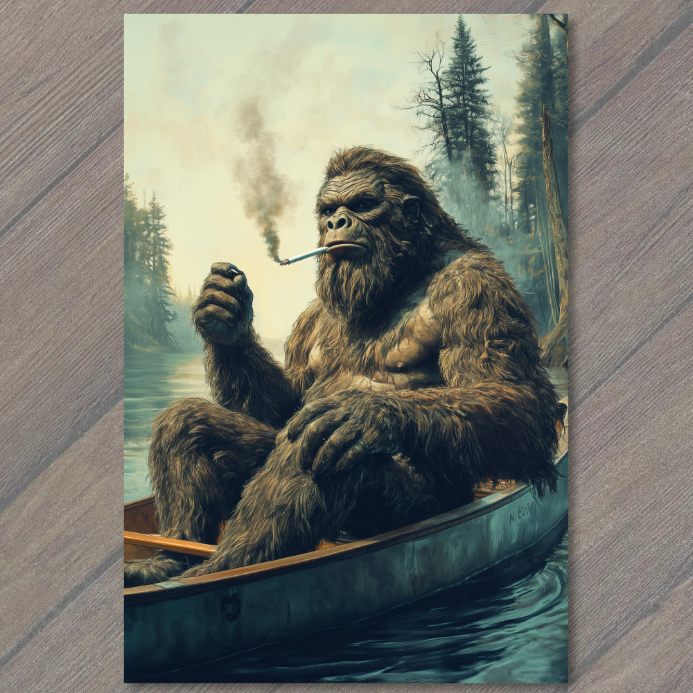 STICKER Bigfoot Canoeing Smoking Boat Fishing Wilderness Retro Funny
