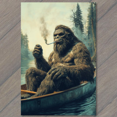 STICKER Bigfoot Canoeing Smoking Boat Fishing Wilderness Retro Funny