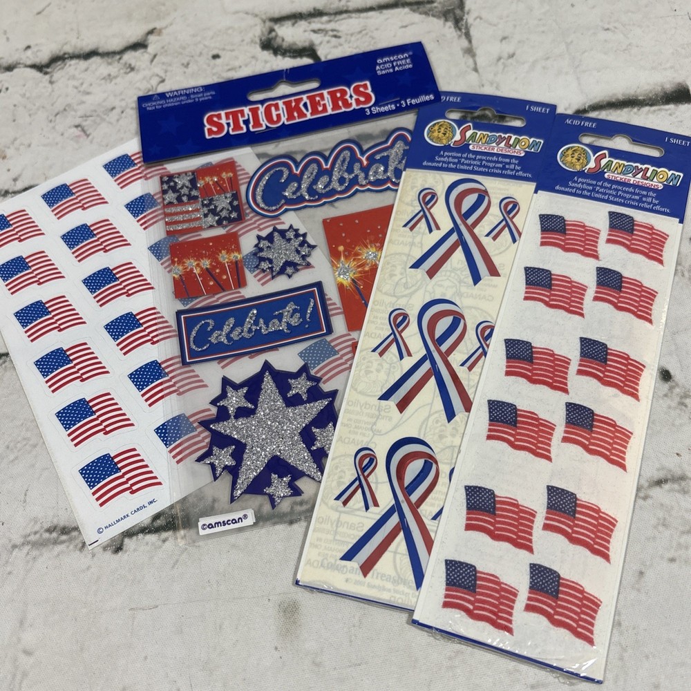 US Flag Stickers Red White Blue Ribbons Scrapbooking Patriotic 4th Of July Lot