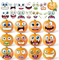 48 Pack Mini Halloween Pumpkin Face Stickers for Crafts and Parties