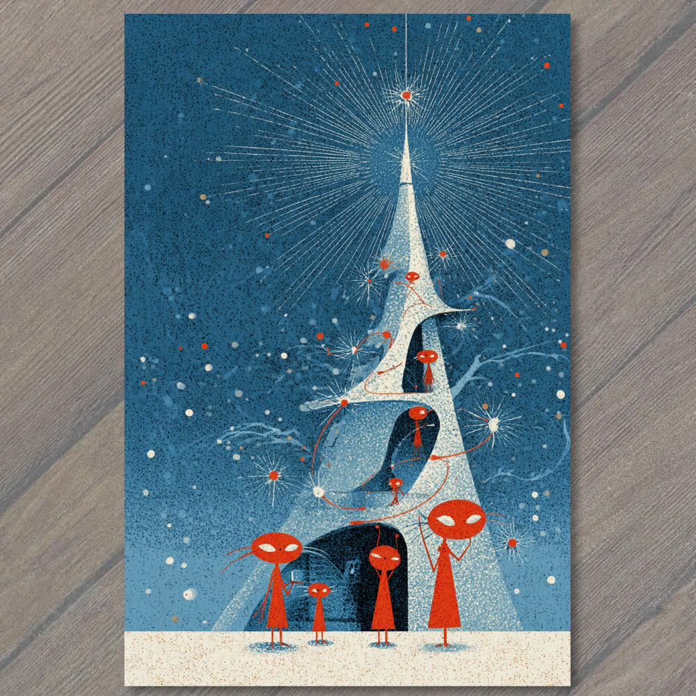 STICKER Retro Alien Family Christmas Tree Blue Red Sci Fi Holiday Night Sky