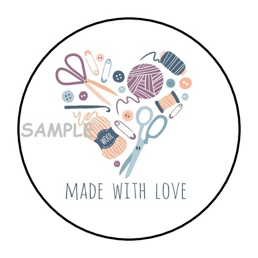 30 MADE WITH LOVE ENVELOPE SEALS LABEL STICKERS 1.5″ ROUND SEWING KNITTING HEART