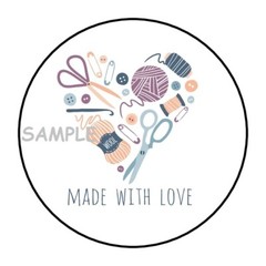 30 MADE WITH LOVE ENVELOPE SEALS LABEL STICKERS 1.5″ ROUND SEWING KNITTING HEART