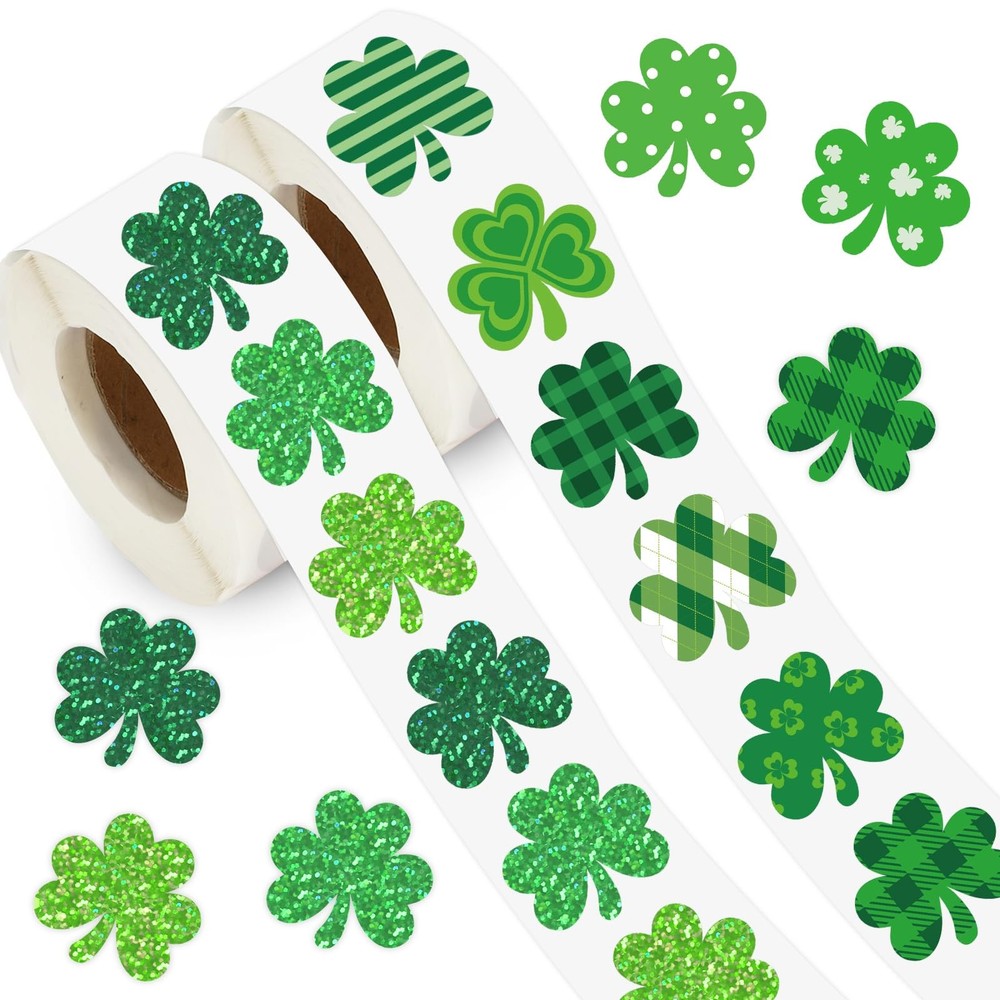 1000 Pcs St. Patrick’s Day Stickers Roll Green Laser Shamrock Lucky Clover Spa