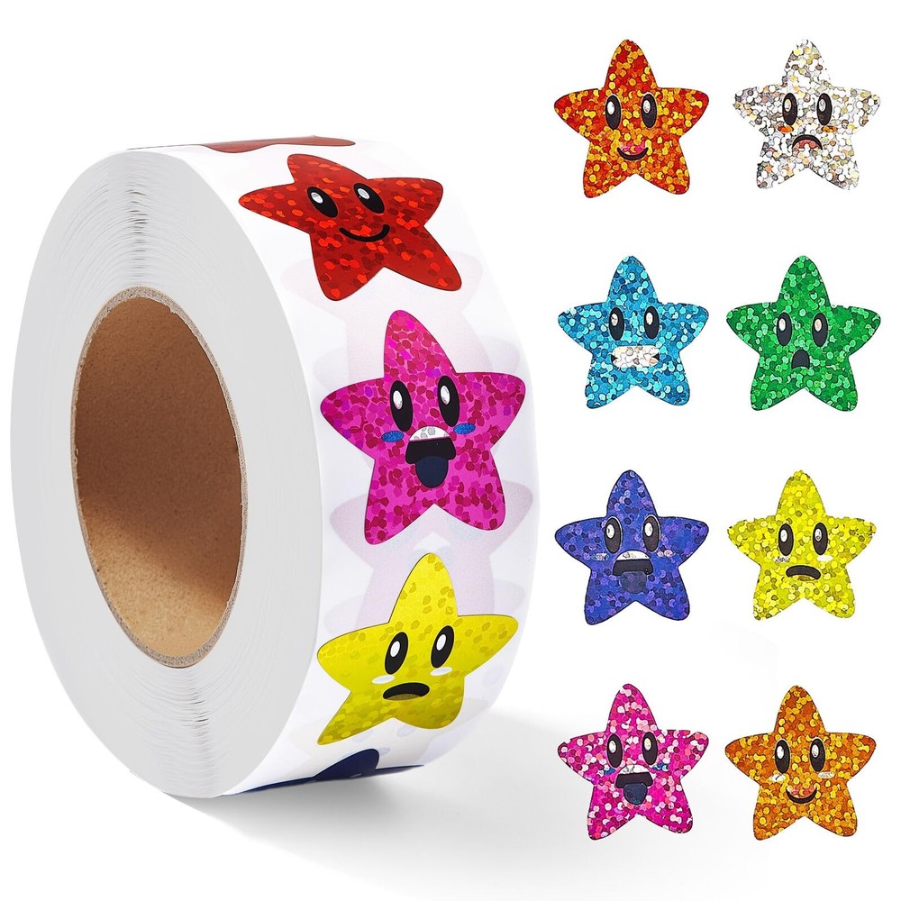 1000Pcs Smiley Face Star Stickers – 1 Inch Self-Adhesive Glitter Foil Sticker…