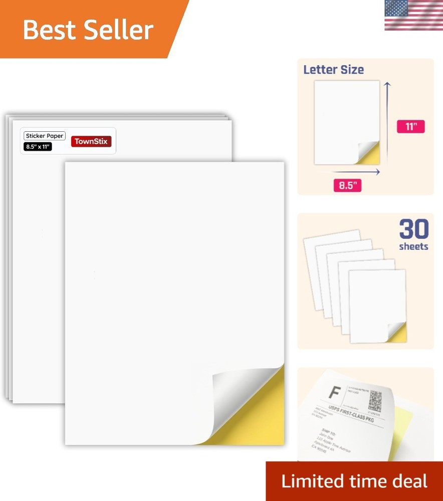 30 Pack Matte White Sticker Paper for Easy Laser & Inkjet Printing – 8.5″ x 11″
