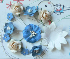 Denim Blue & Ivory Mix 5 Styles = 11PAPER Roses & Flowers 10-55mm across MH ConA