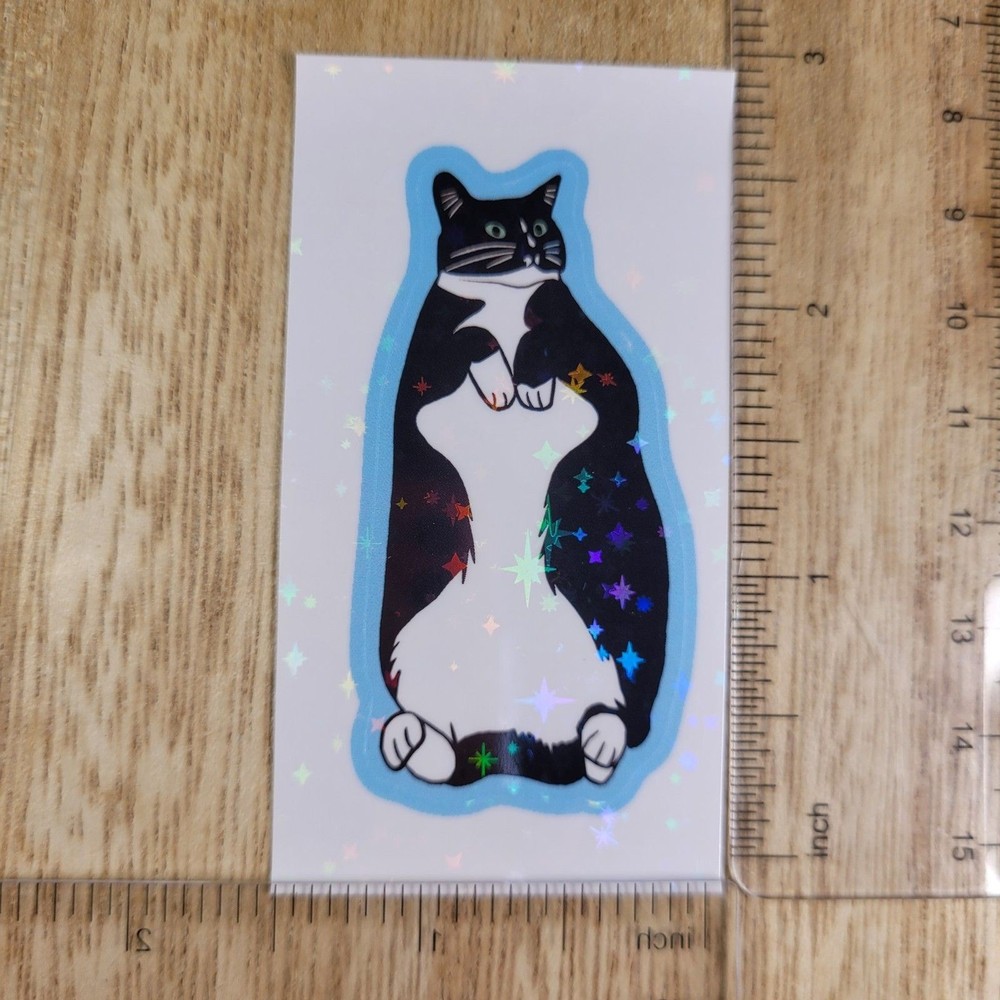 Well-fed Tuxedo cat laying on its back – Holographic Sticker