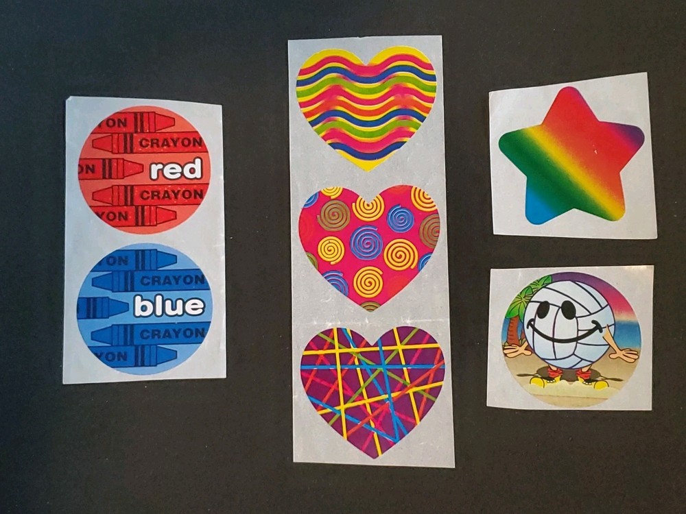 Oriental Trading Company 7 Stickers Bright VTG Heart Star Crayons Ball
