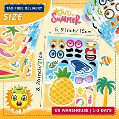 24 Sheets Summer Stickers, Make a Face Sticker for Kids, Hawaii Tropical Pool Be