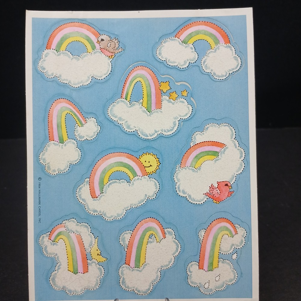 Vintage 1980s Fuzzy Flocked Stickers Rainbows & Clouds Hallmark Cards 1 Sheet