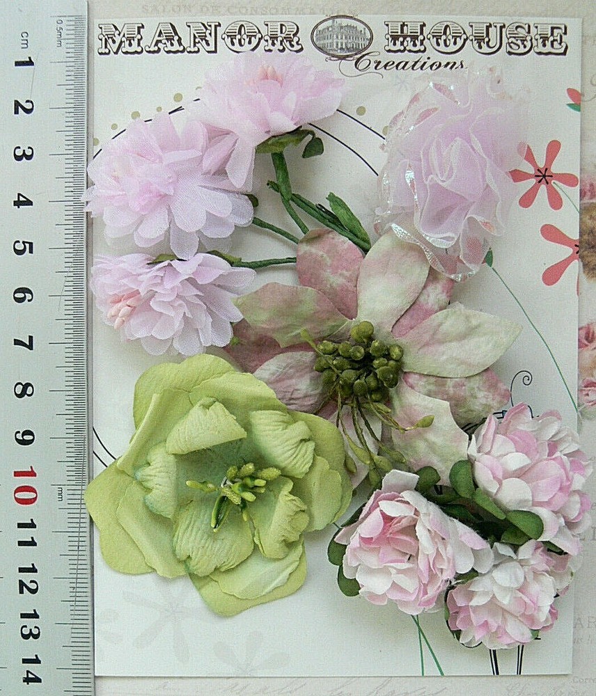 PINK Tones & GREEN 5 Styles 9 Paper & Silk Flowers 30-65mm across VC4