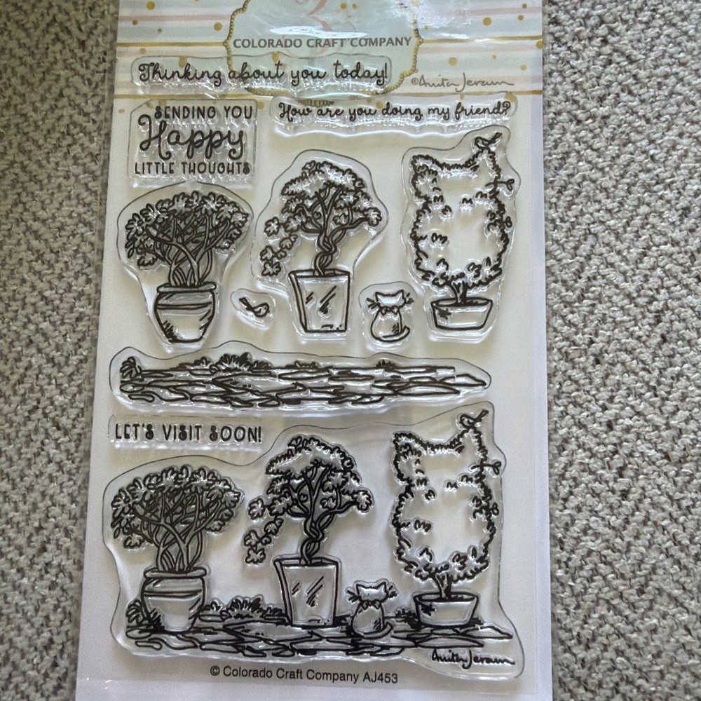 Colorado Craft Company Acrylic Stamps TOPIARIES AND KITTEN cat plants
