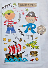 MAMBI Kids cute stick people PIRATES stickers ship gold parrot treasure chest