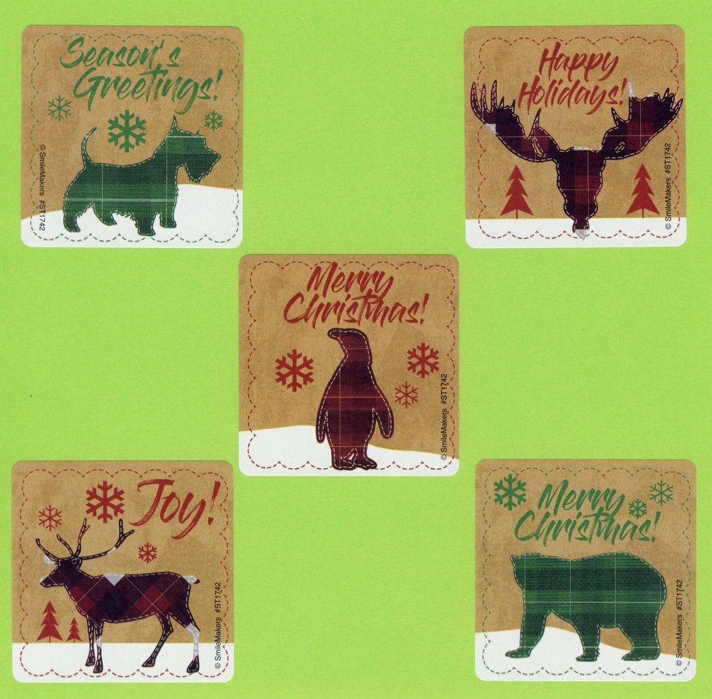 10 Plaid Christmas Animals Large Stickers – Party Favors – Dog, Moose, Bear
