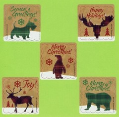 10 Plaid Christmas Animals Large Stickers – Party Favors – Dog, Moose, Bear