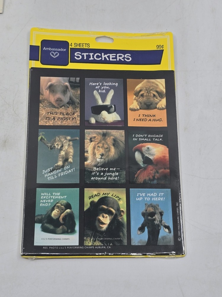 VTG 1989 Hallmark Ambassador Stickers Funny Animal Posters Chimps Pig Kitten +
