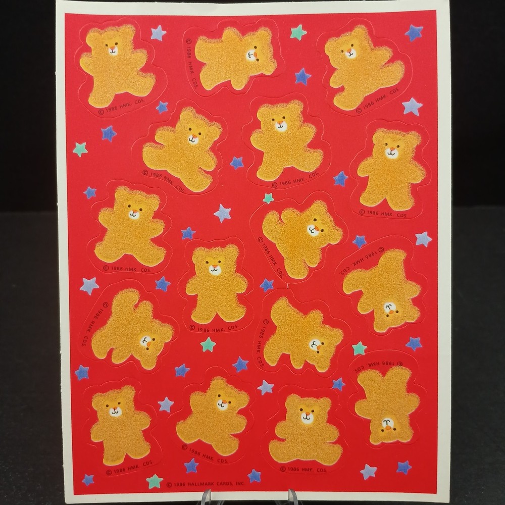 Vintage 1980s Fuzzy Flocked Stickers TEDDY BEARS Hallmark Cards 1 Page