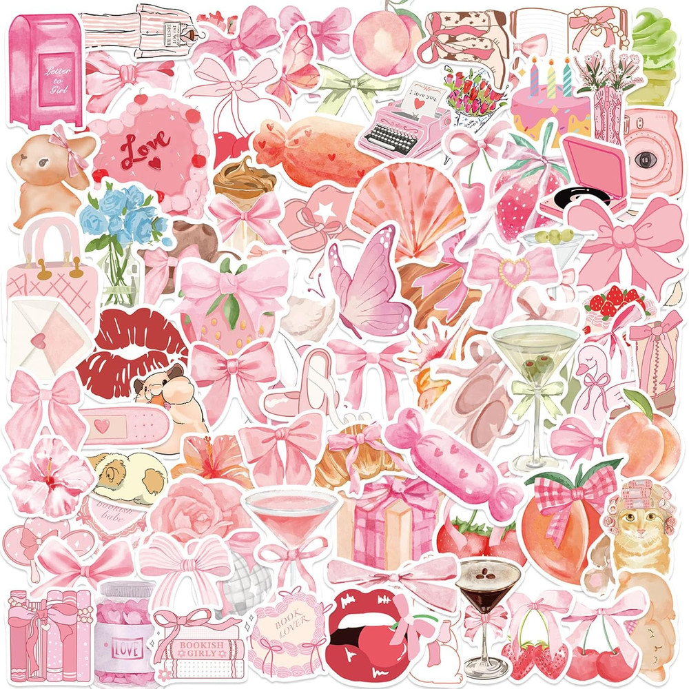 100Pcs Cute Aesthetic Coquette Stickers Aesthetic Pink Bow Tie Stickers for Wate