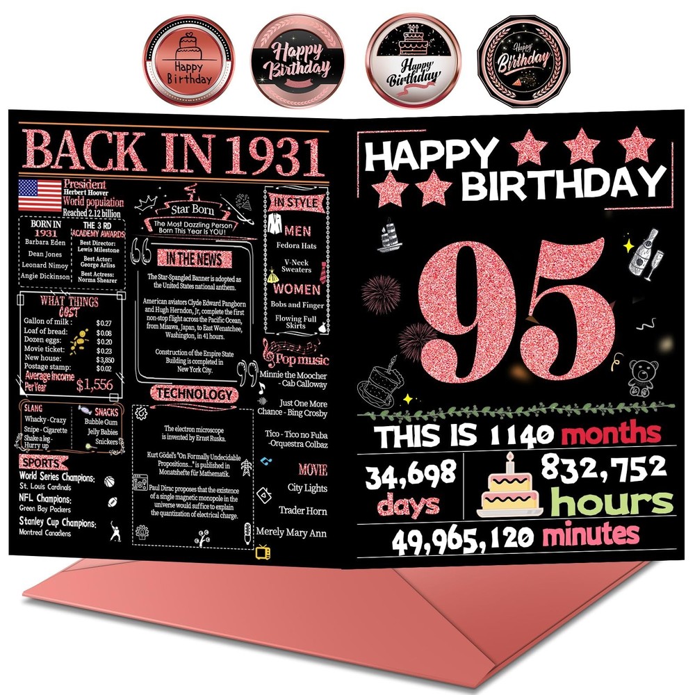 Joycard 95th Birthday Card with Envelope, 95th Birthday Decorations for Women…