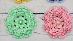 Crochet Flower Layered w/pearl Applique Cardmaking 6Pc Pastel Blue Pink Yellow
