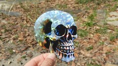 Pack of 2 – 4″ HOLOGRAPHIC Facing SKULLS Stickers BIG 4 inch skull STICKERS