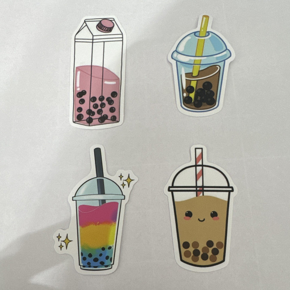 Bubble Tea Boba & Milk Tea Drink Stickers, Multicolor Food & Drink, Set of 4