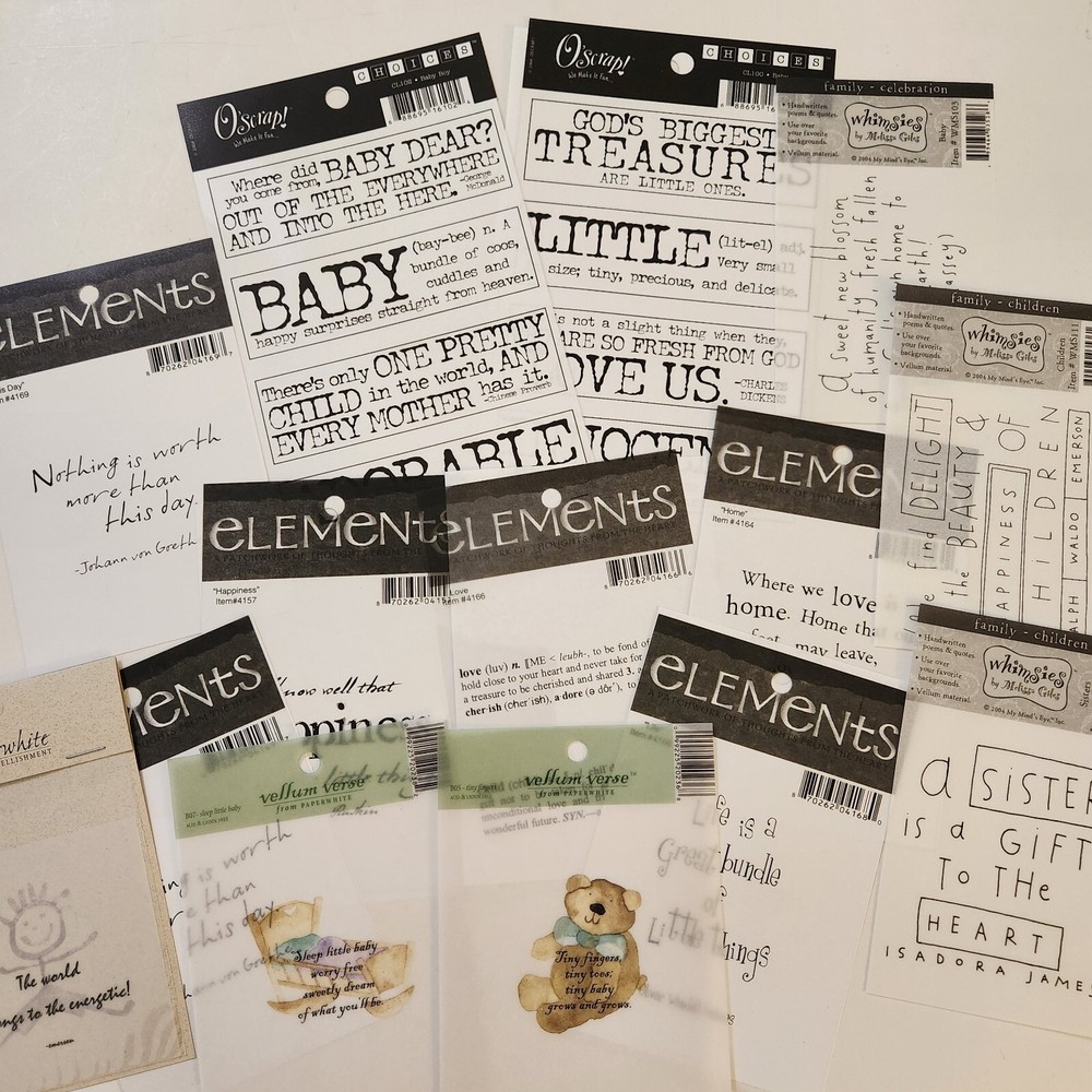 NEW Lot 14 BABY Transparencies Vellum Words Phrase Verse O’Scrap Whimsies -Z