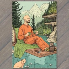 STICKER Man Bald Figure with Coffee Surreal Nature Scene Vibrant Colors Relax