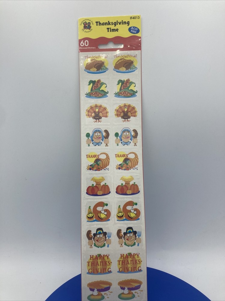 60 Vtg 90s Thanksgiving Stickers Teacher Fair Rewards Turkey Pilgrim Pumpkin Pie